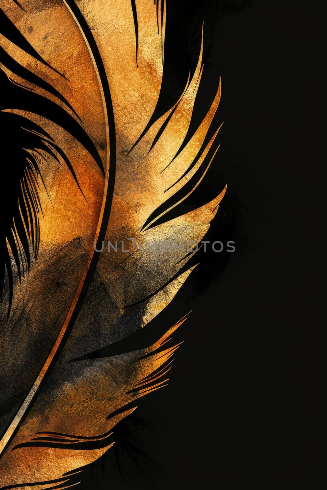 One golden feather highlighted on a black background. Illustration.