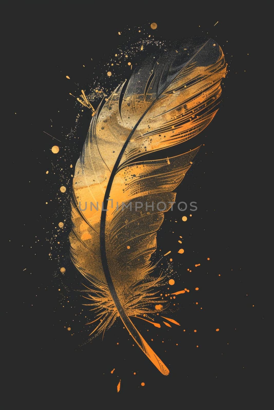 One golden feather highlighted on a black background. Illustration by Lobachad