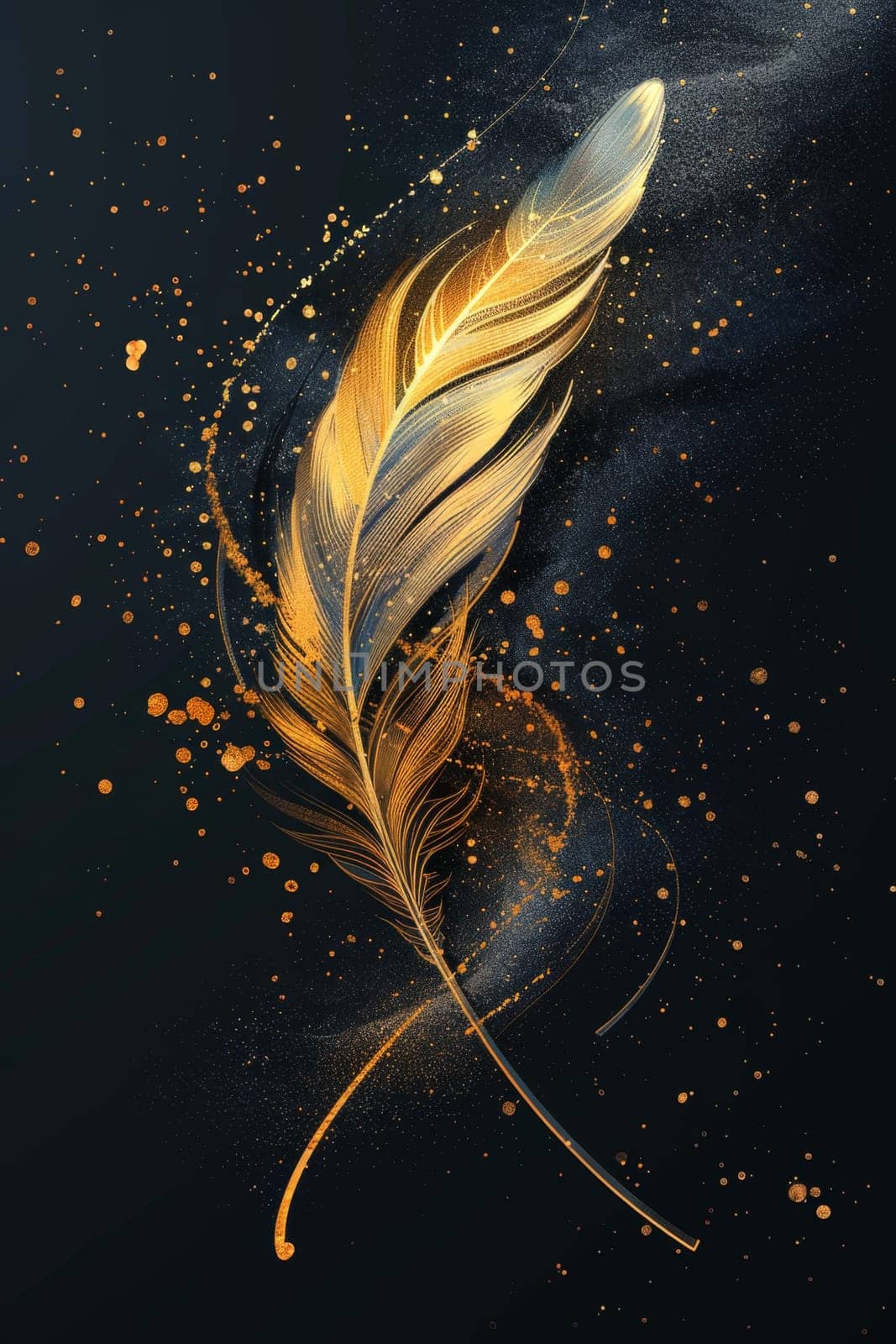 One golden feather highlighted on a black background. Illustration by Lobachad