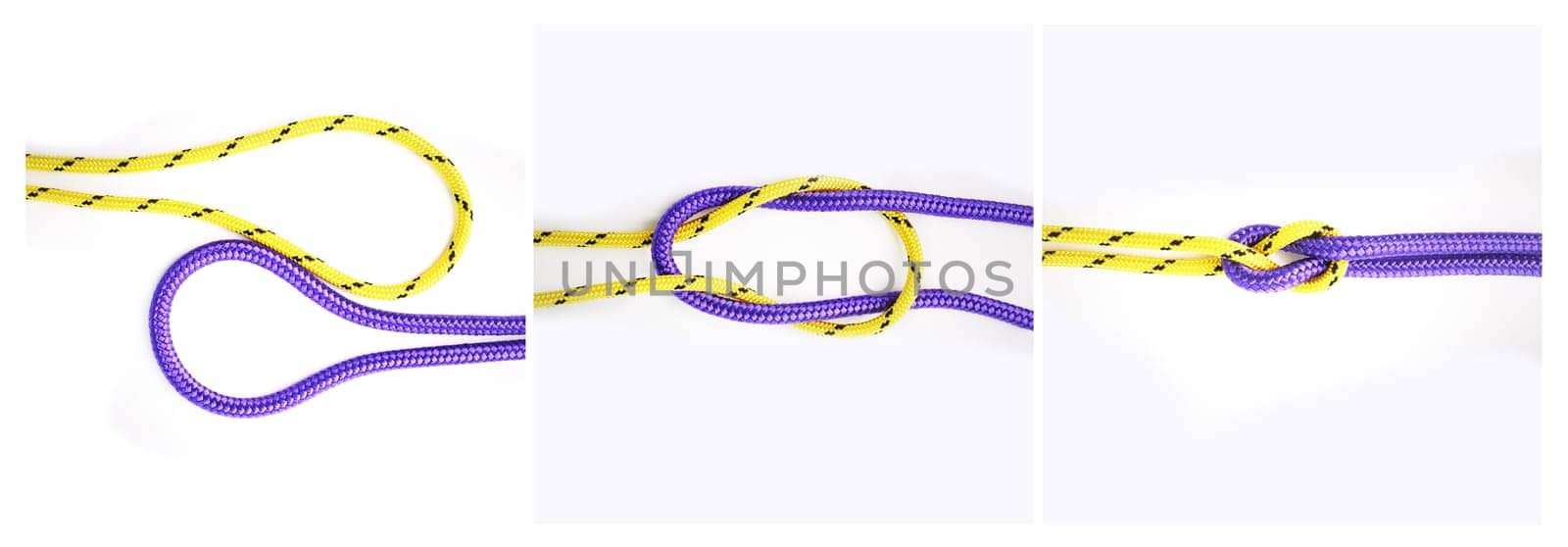 Sailor, knot and how to tie with rope in tutorial, guide or info steps to connect string for security. Creative, pattern and template instructions to loop textile thread in chain with strong link.