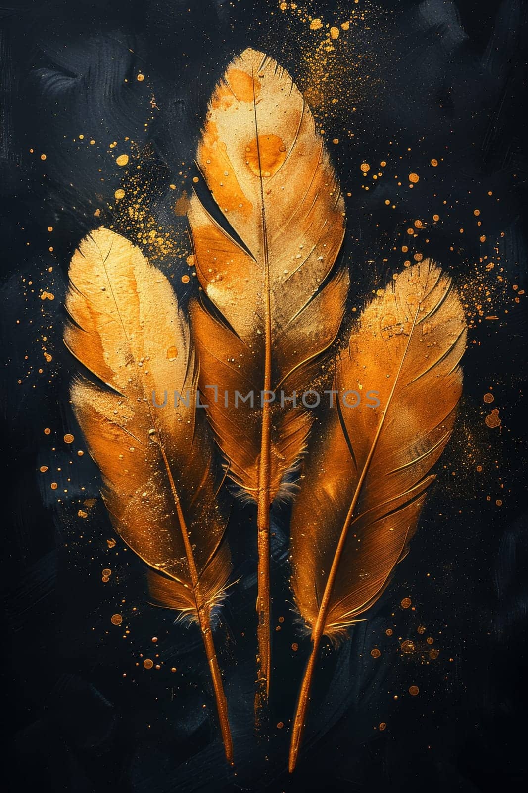 Golden feathers highlighted on a black background.