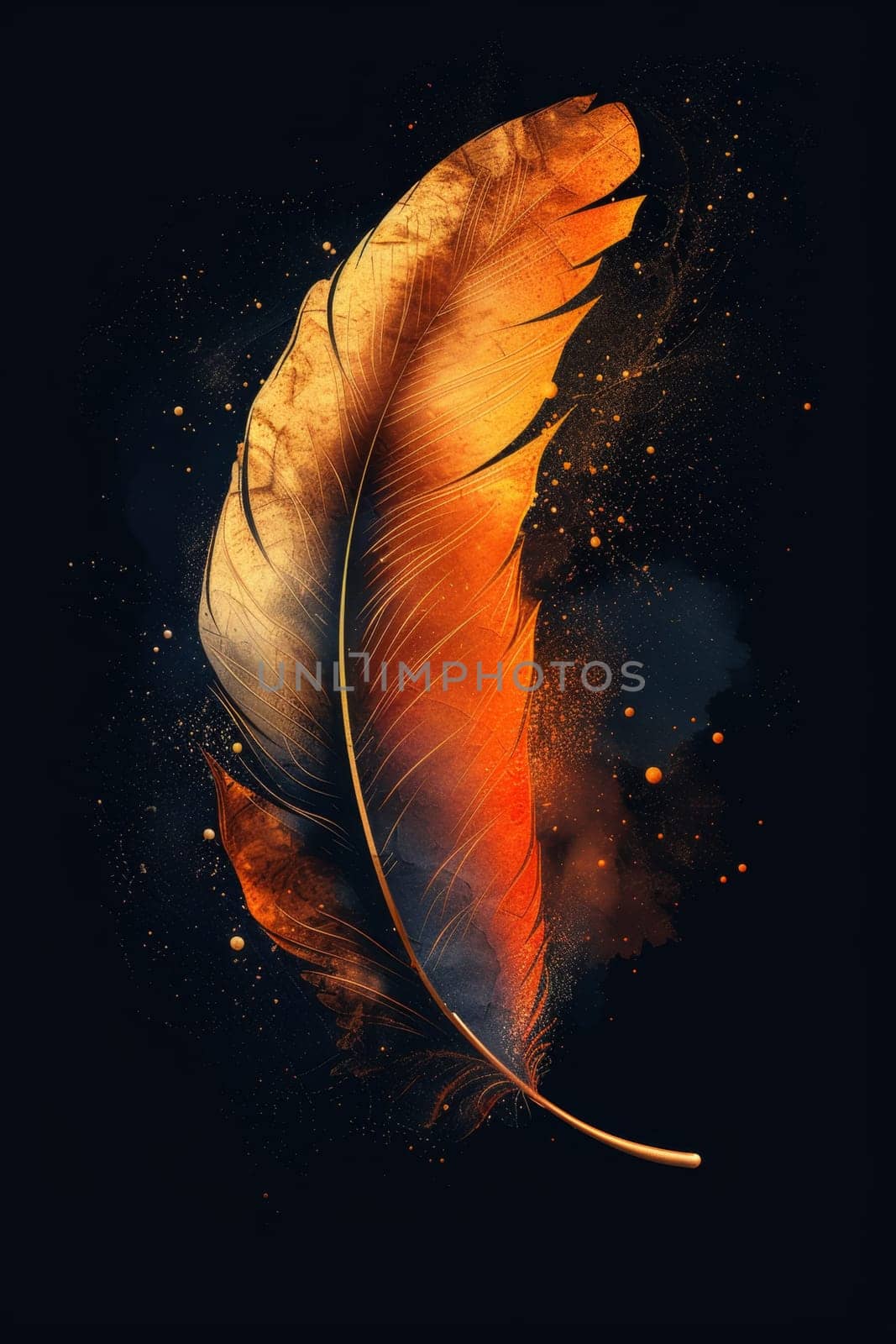 One golden feather highlighted on a black background. Illustration.