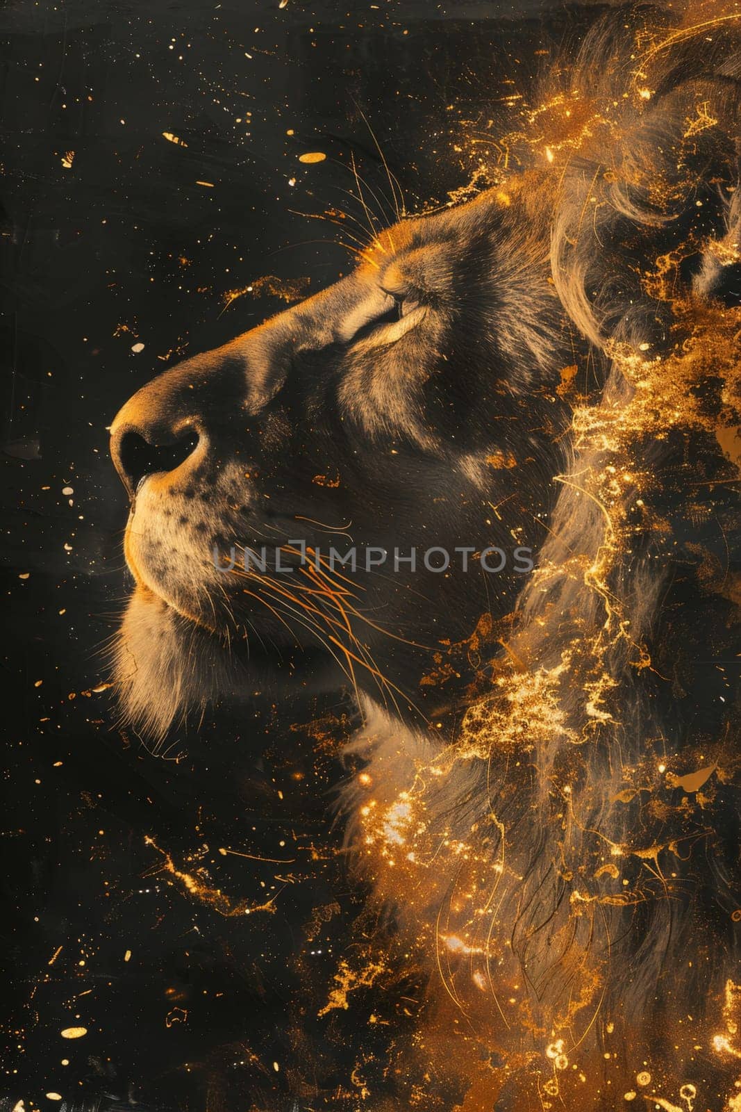 portrait of a lion's head on a black background. The illustration.