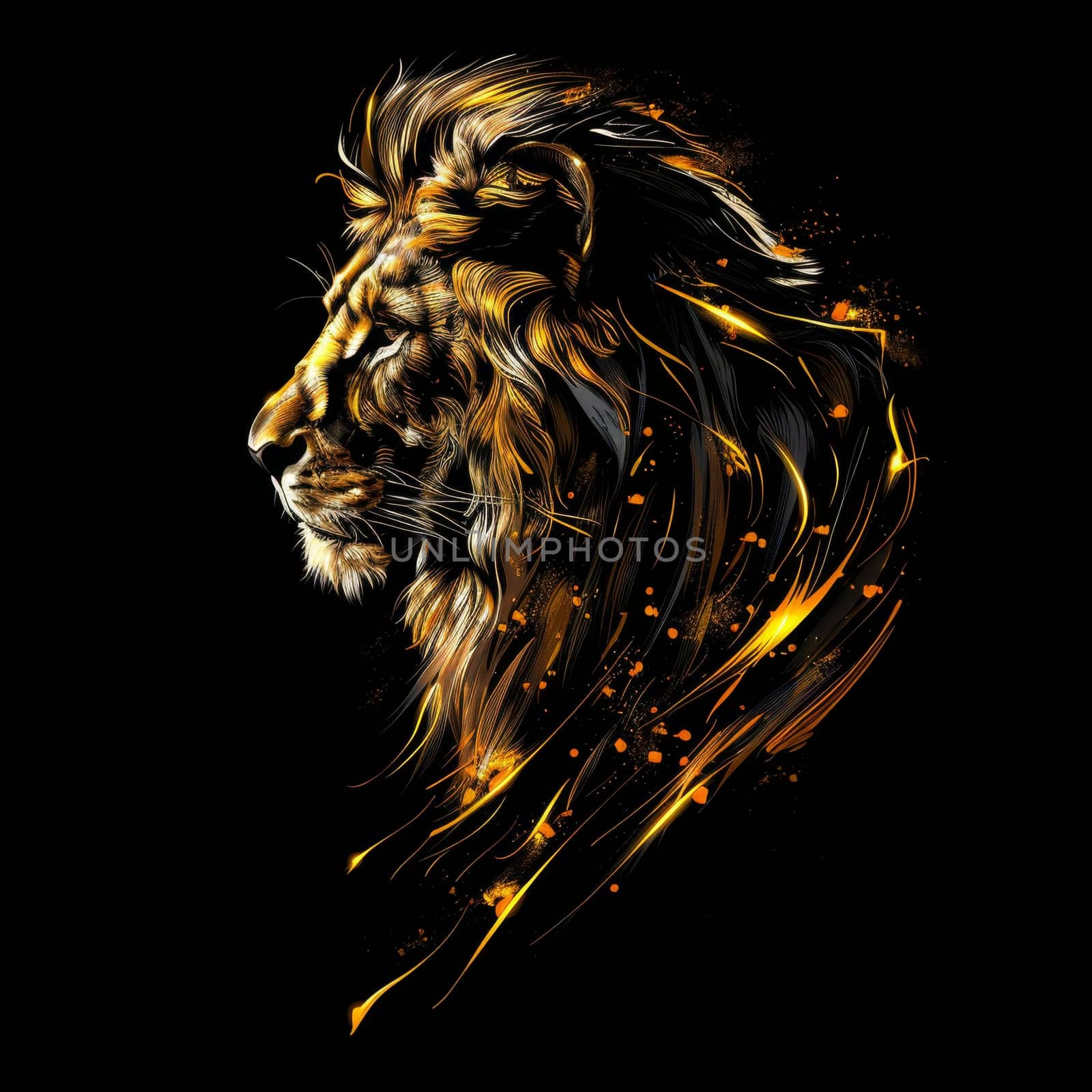 portrait of a lion's head on a black background. The illustration.