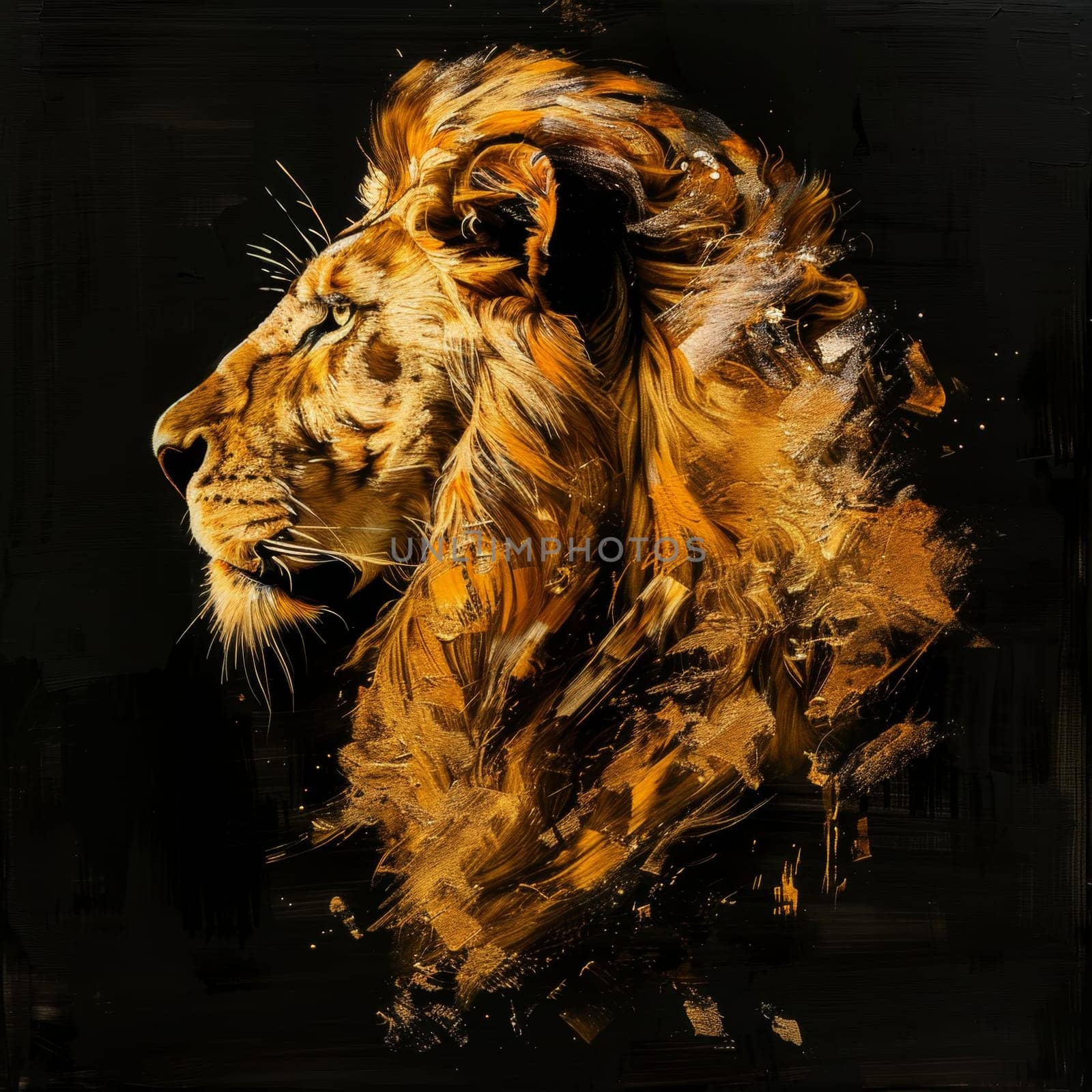 portrait of a lion's head on a black background. The illustration by Lobachad
