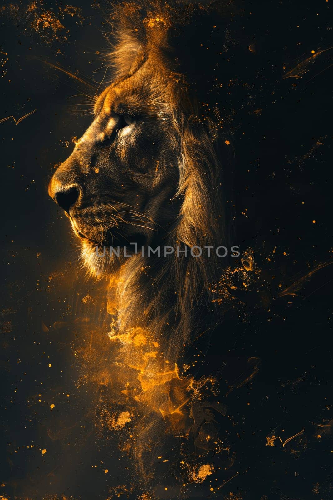 portrait of a lion's head on a black background. The illustration by Lobachad