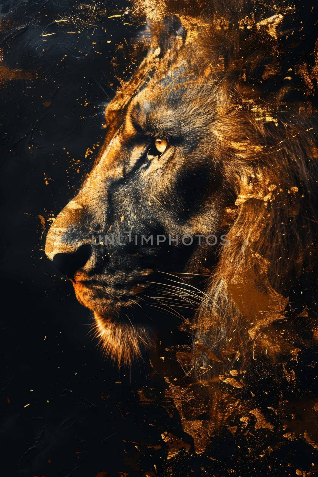 portrait of a lion's head on a black background. The illustration.