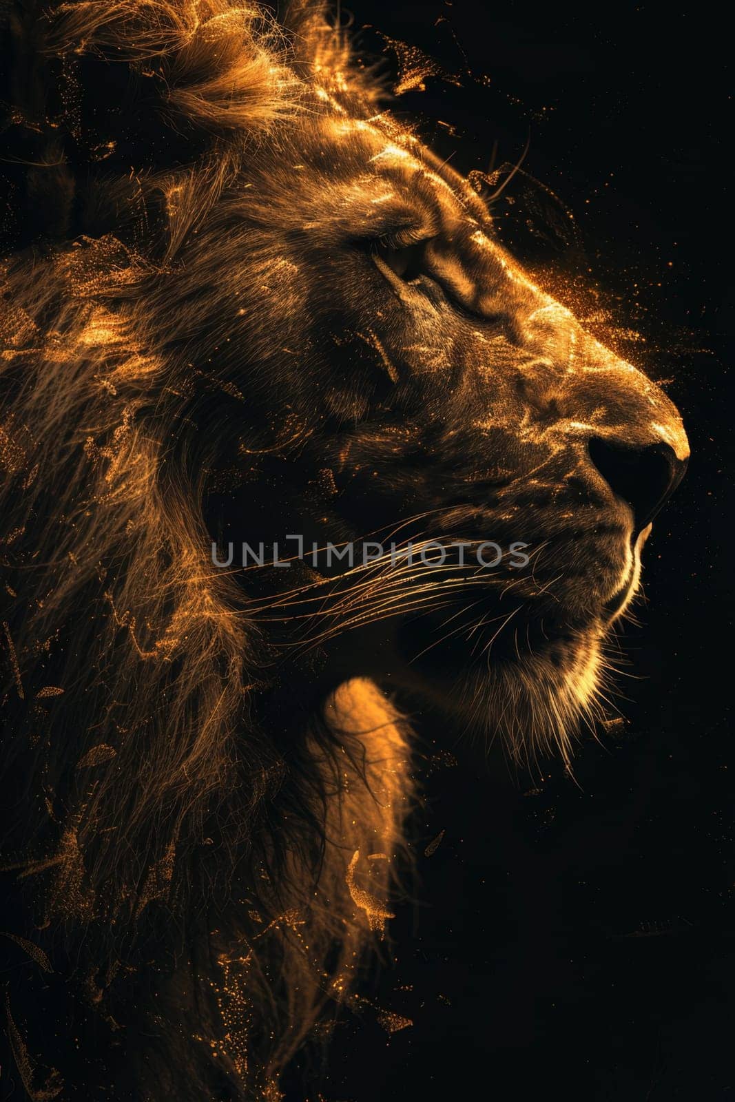 portrait of a lion's head on a black background. The illustration.
