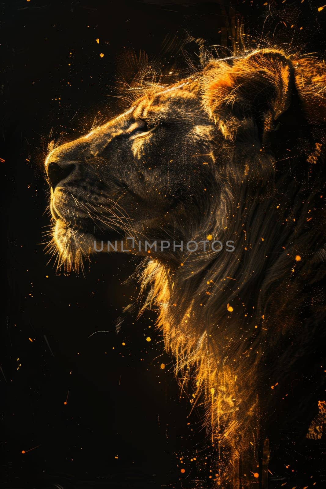 portrait of a lion's head on a black background. The illustration.