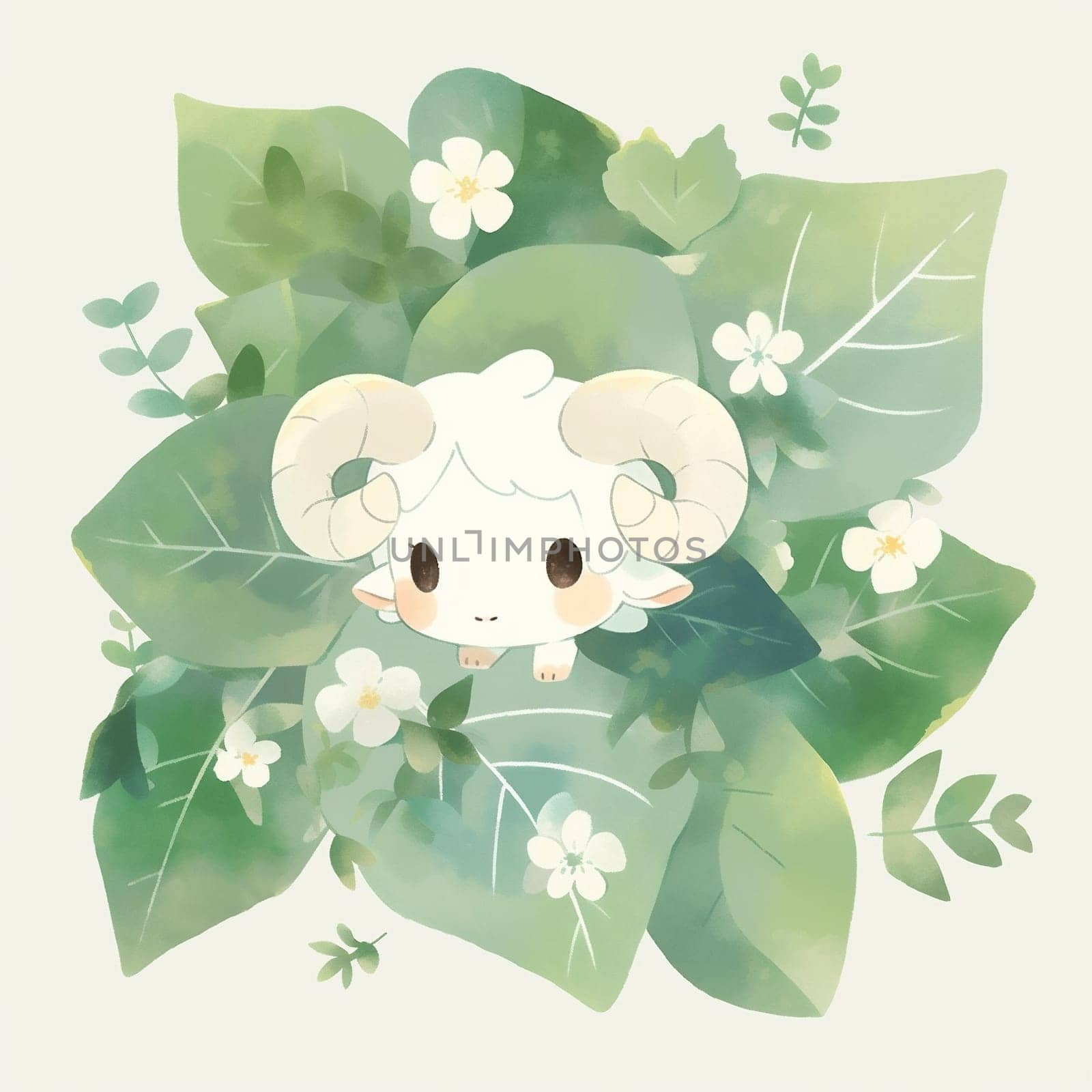 Cute Sheep in Green Tropical Leaves. Illustration of Ram in Pastel Colors. Aries Isolated on White Background.