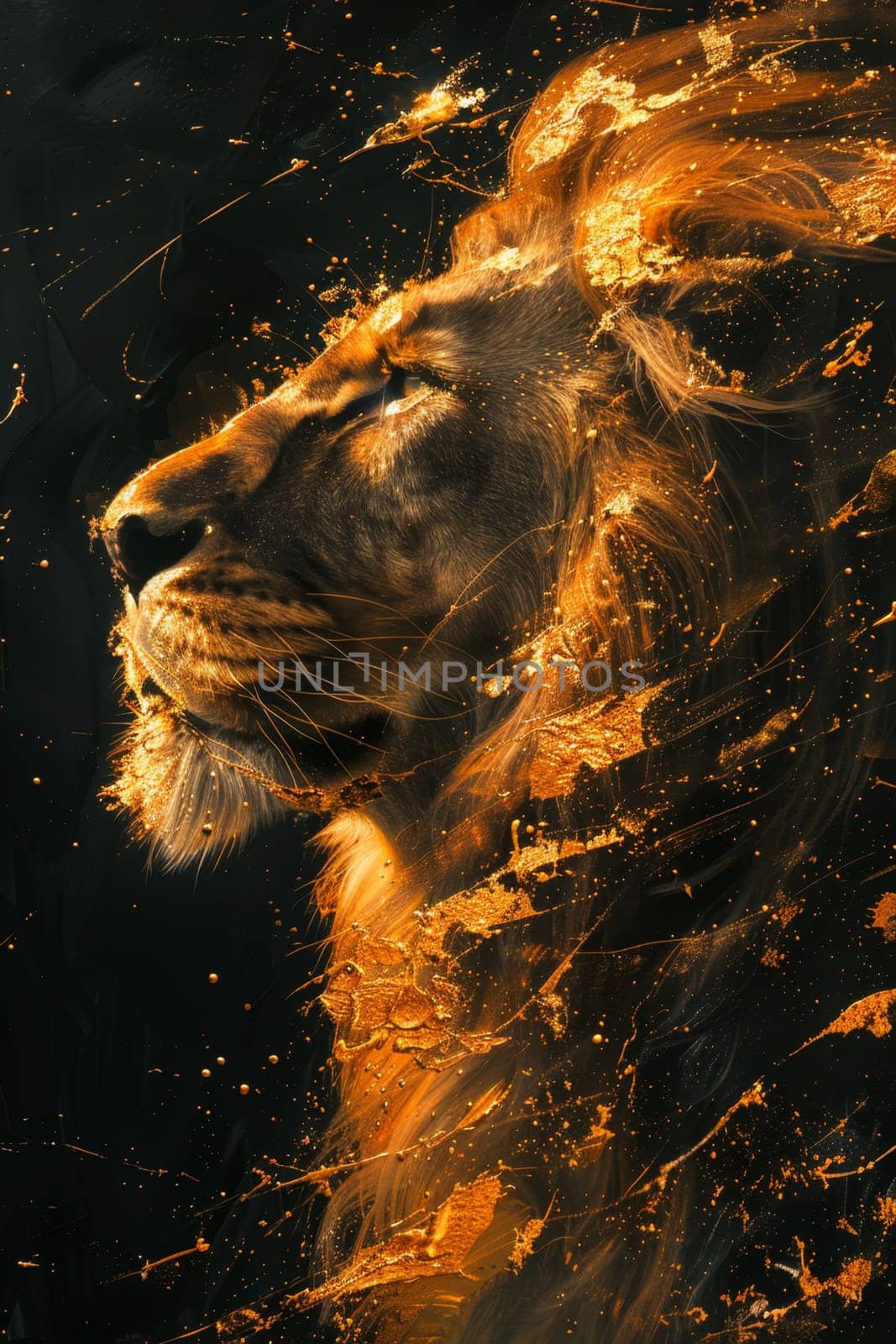 portrait of a lion's head on a black background. The illustration by Lobachad