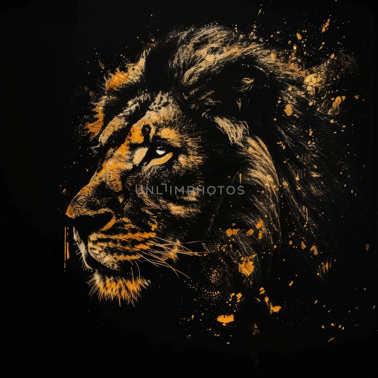 portrait of a lion's head on a black background. The illustration by Lobachad