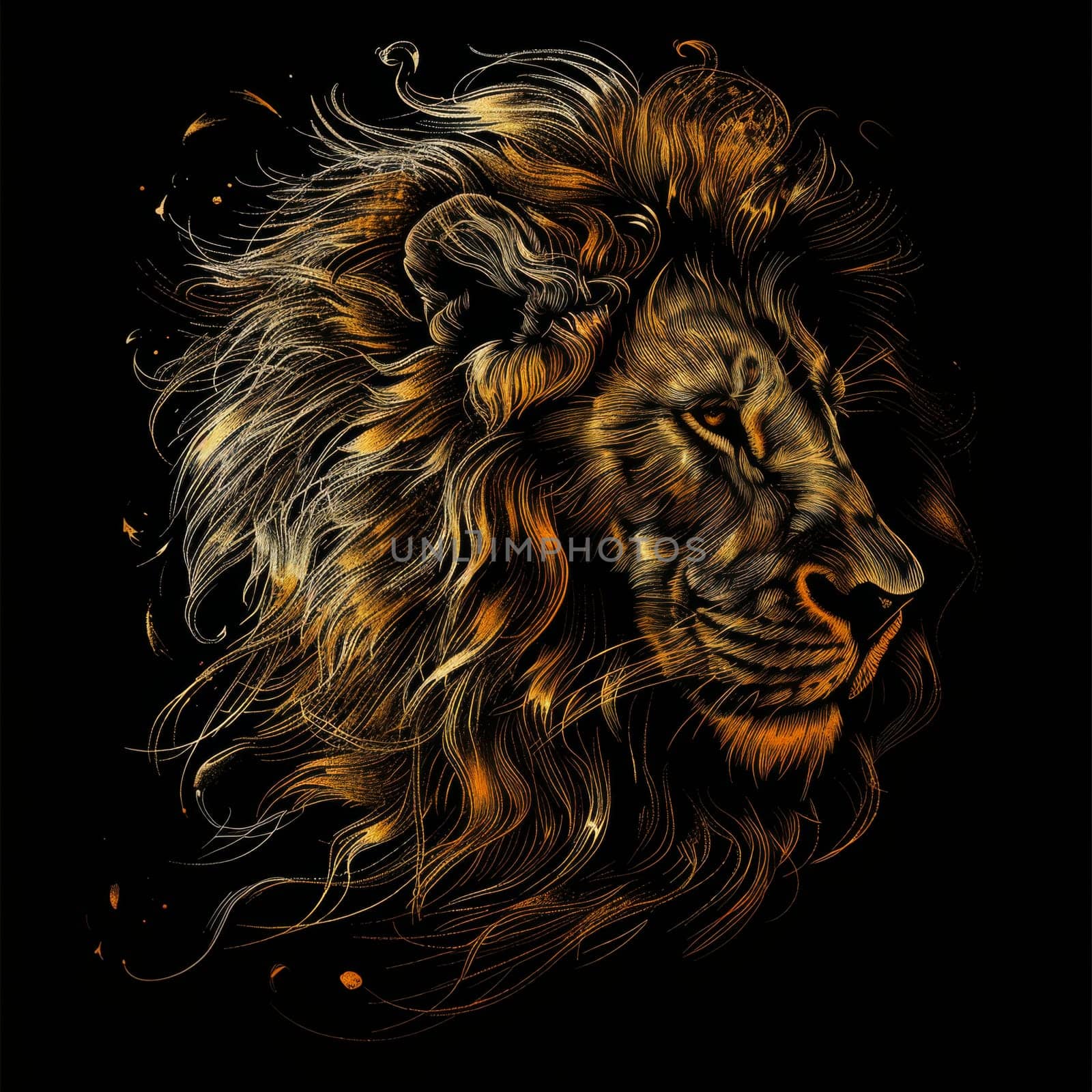 portrait of a lion's head on a black background. The illustration by Lobachad