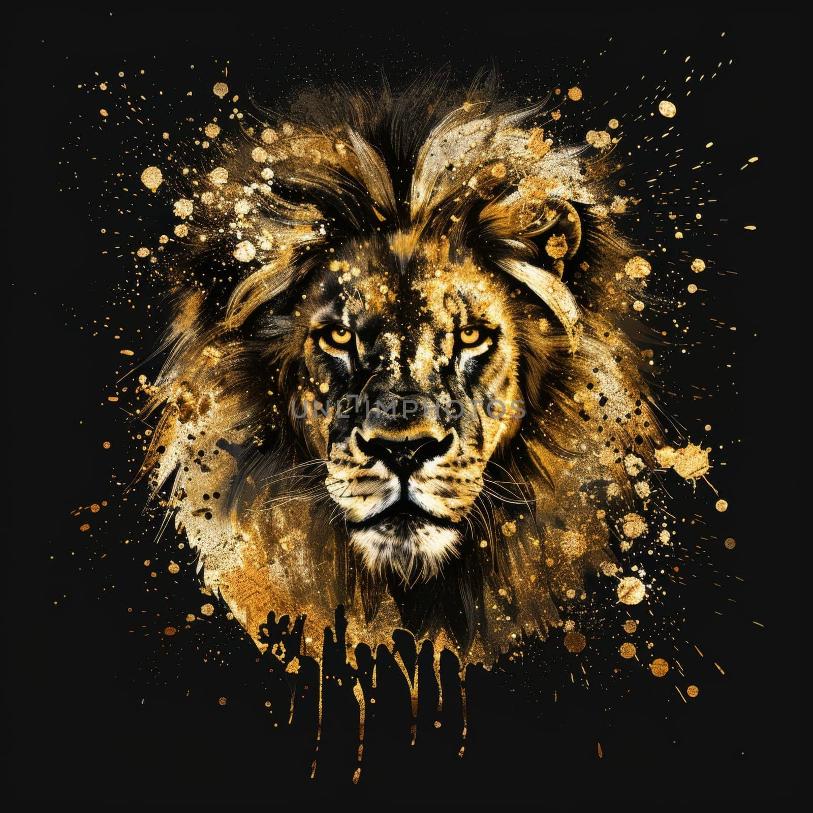 portrait of a lion's head on a black background. The illustration.