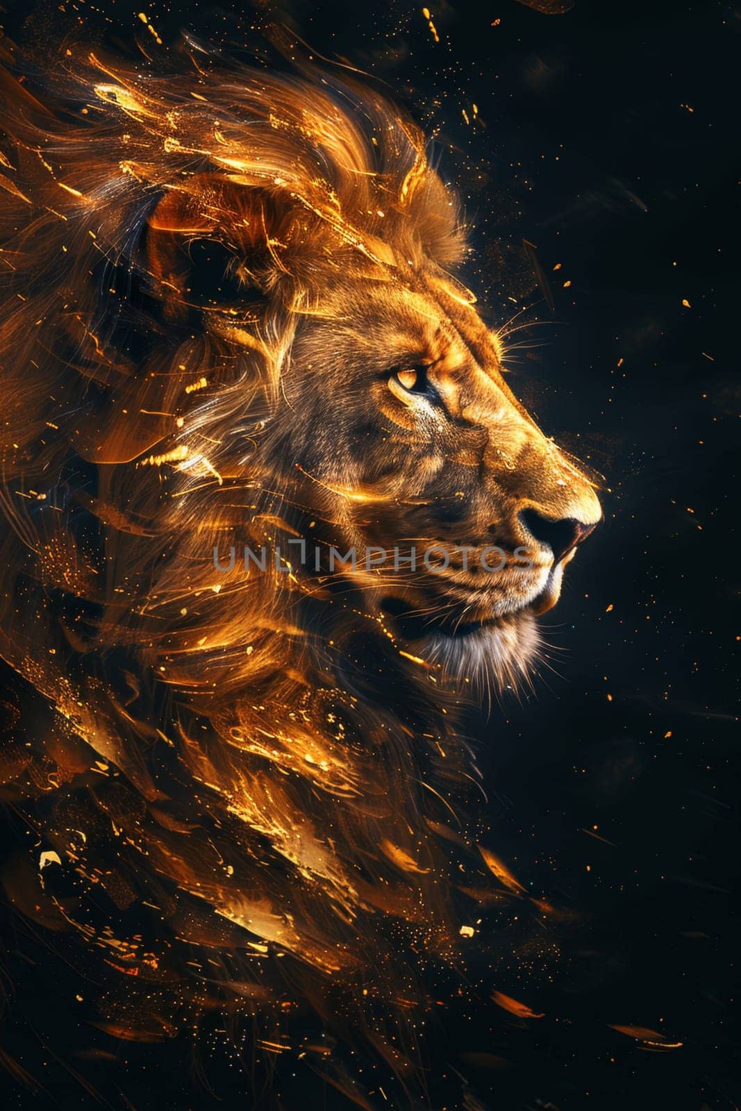 portrait of a lion's head on a black background. The illustration by Lobachad