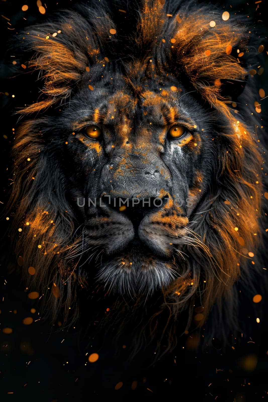 portrait of a lion's head on a black background. The illustration by Lobachad