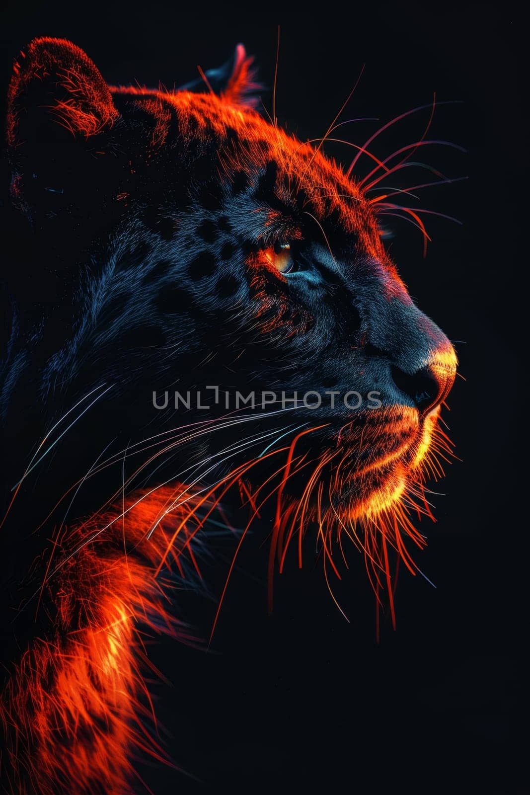 The muzzle of a Black panther highlighted on a black background by Lobachad