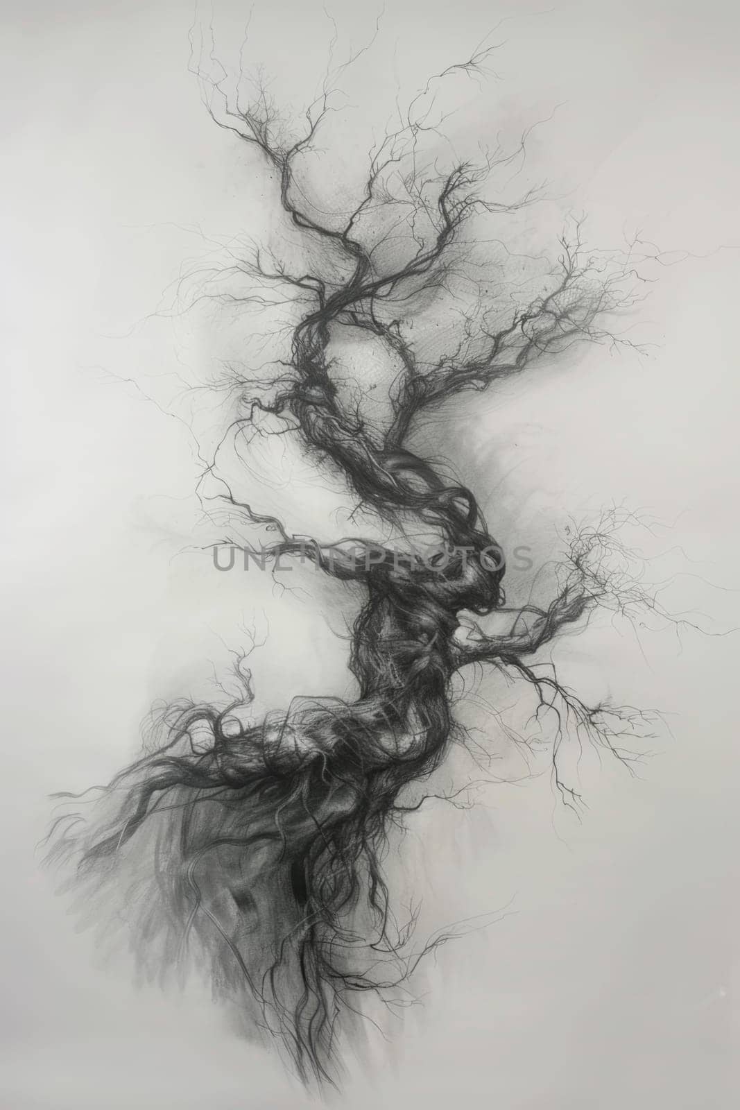 A stylized tree drawn in black pencil on a white background.