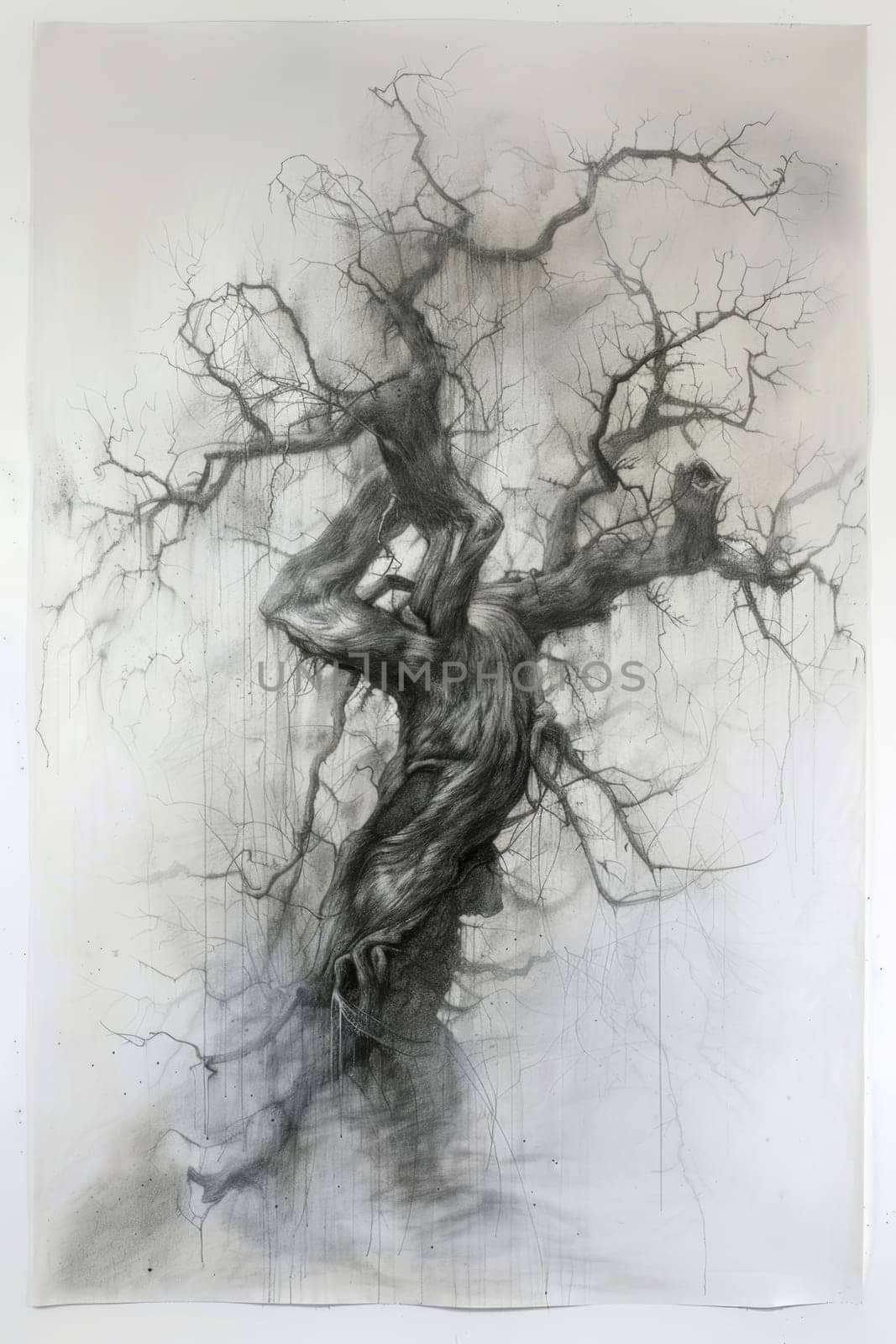 A stylized tree drawn in black pencil on a white background by Lobachad