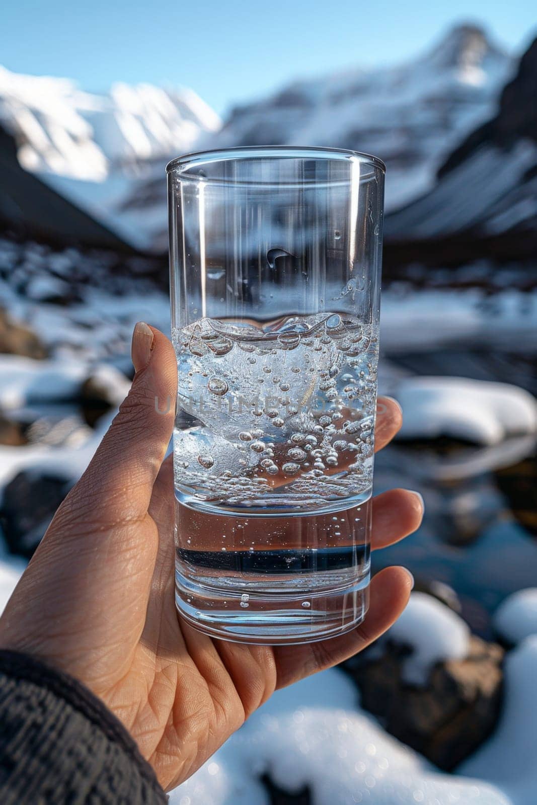 Transparent glass glass with drinking mountain water in hand on the background of a mountain river. The concept of drinking mineral water by Lobachad