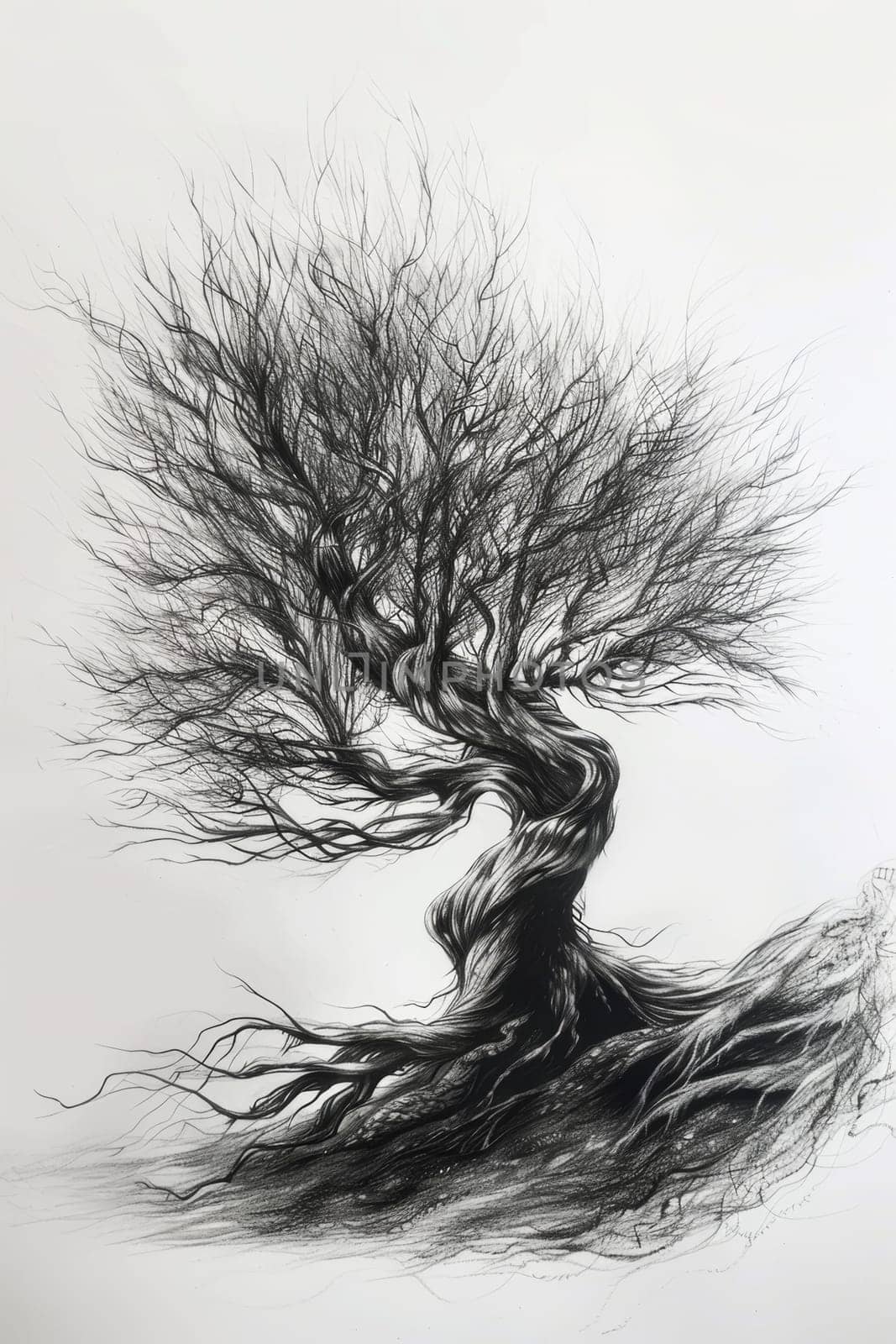 A stylized tree drawn in black pencil on a white background.