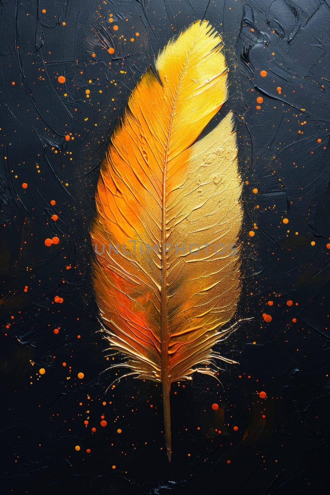 One golden feather highlighted on a black background. Illustration.