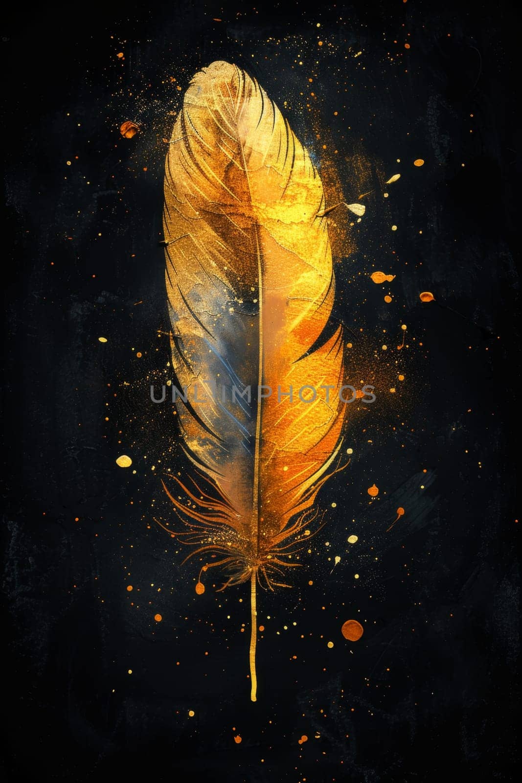 One golden feather highlighted on a black background. Illustration by Lobachad