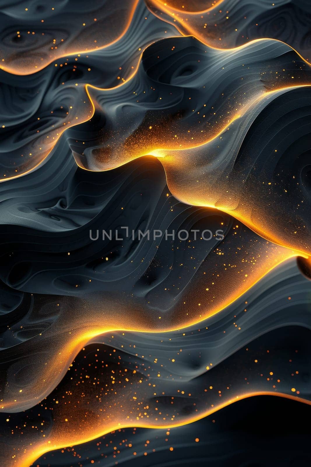 Abstract shiny gold wave design element with glitter effect on a black background.