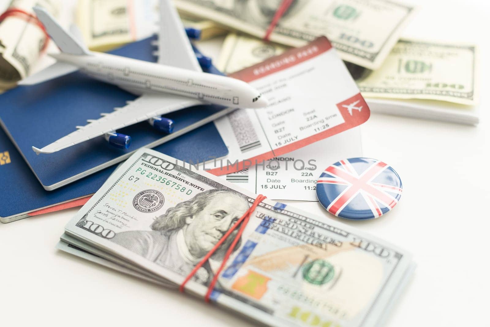Plane on dollar cash background, travel with airplane concept. by Andelov13