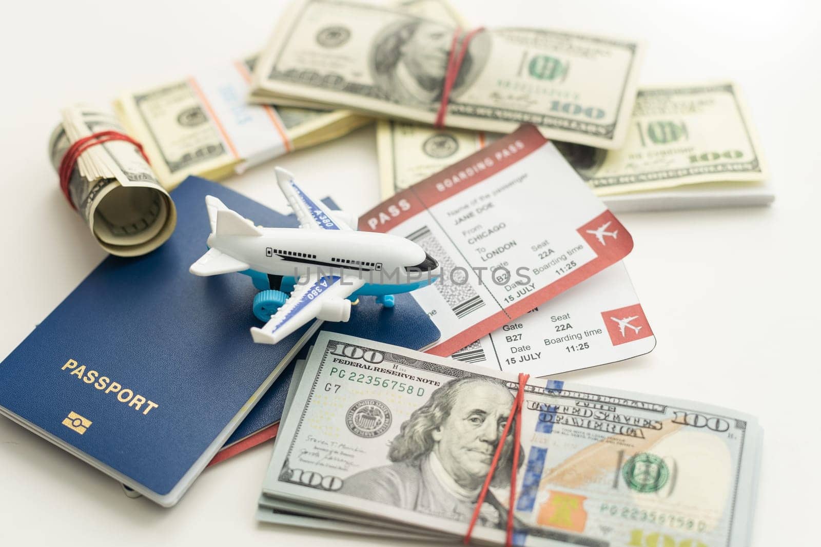 white plane on dollar cash closeup. High quality photo