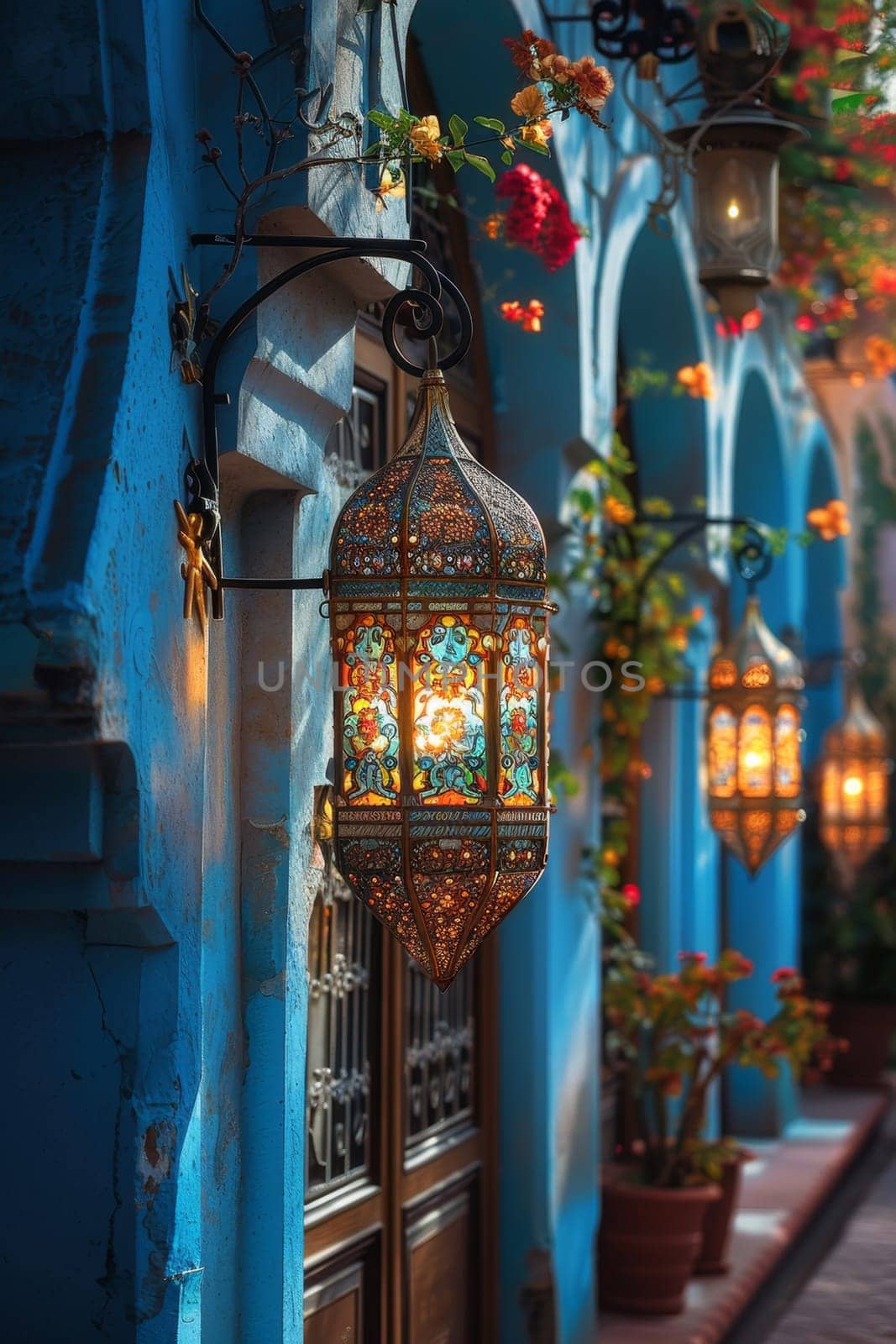 Decorative Arabic lanterns with burning candle hanging in the city . Holiday card, invitation to the Eid al-Adha, the holy holiday for Muslims by Lobachad