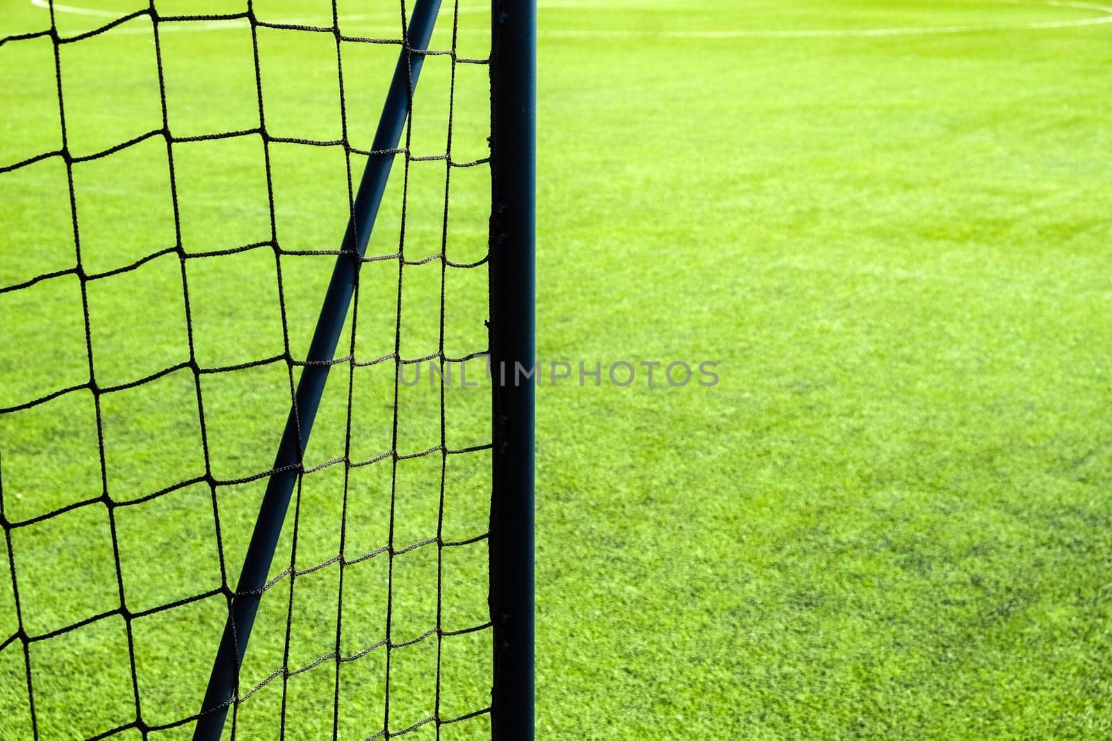 Soccer goal net on green grass field background with copy space.