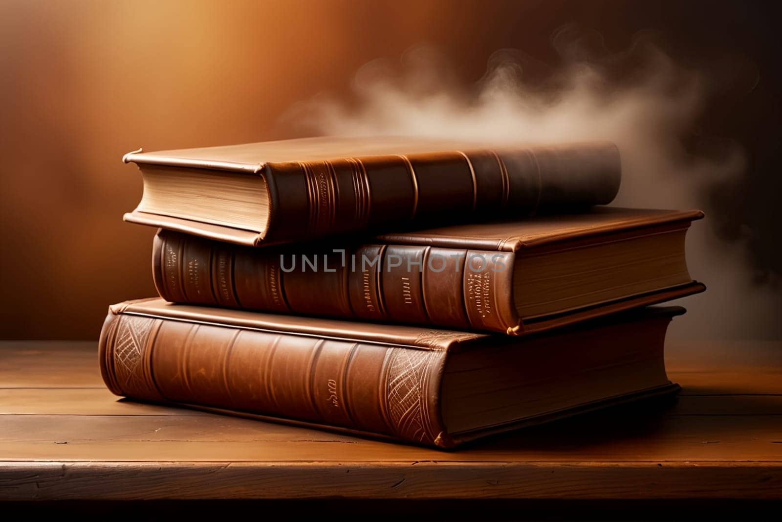 old leather bound books on brown background by Rawlik