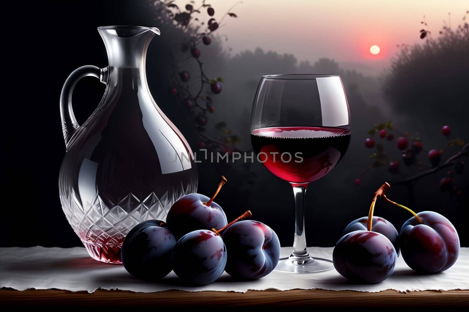 plum red wine in a glass and decanter against the background of ripe plums on the table.