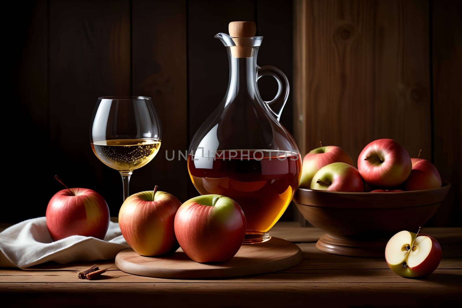homemade apple wine in a glass and in a decanter on a background of green apples by Rawlik
