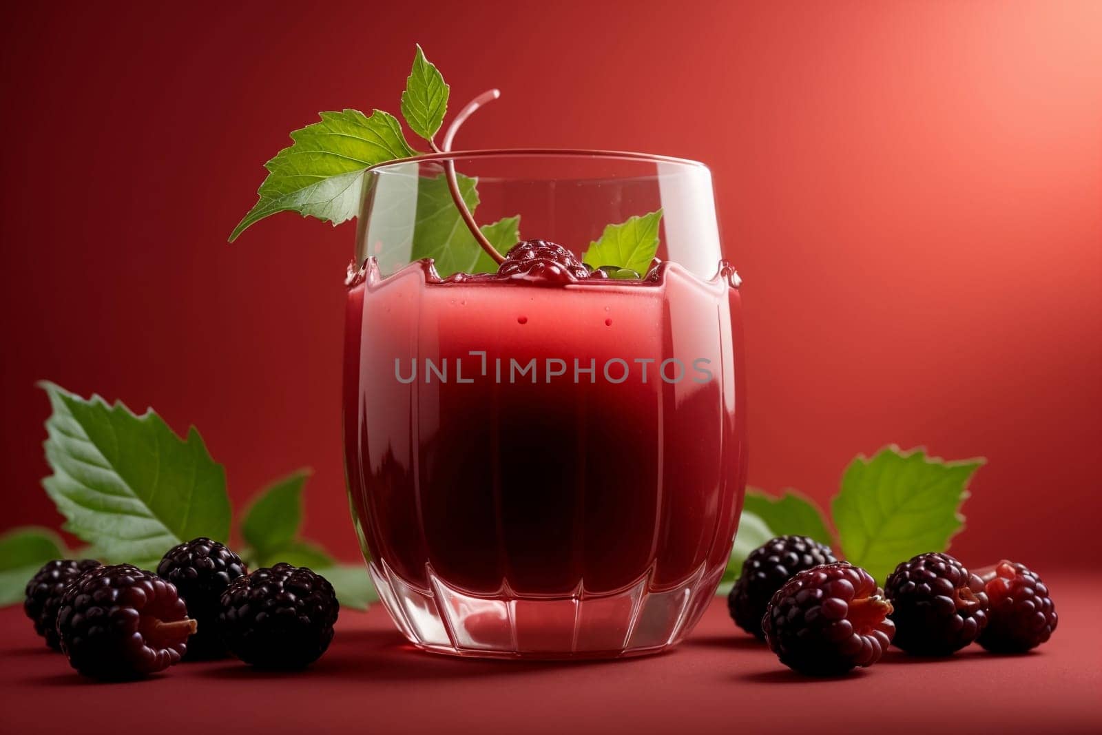 mulberry juice in a glass isolated on a red background .