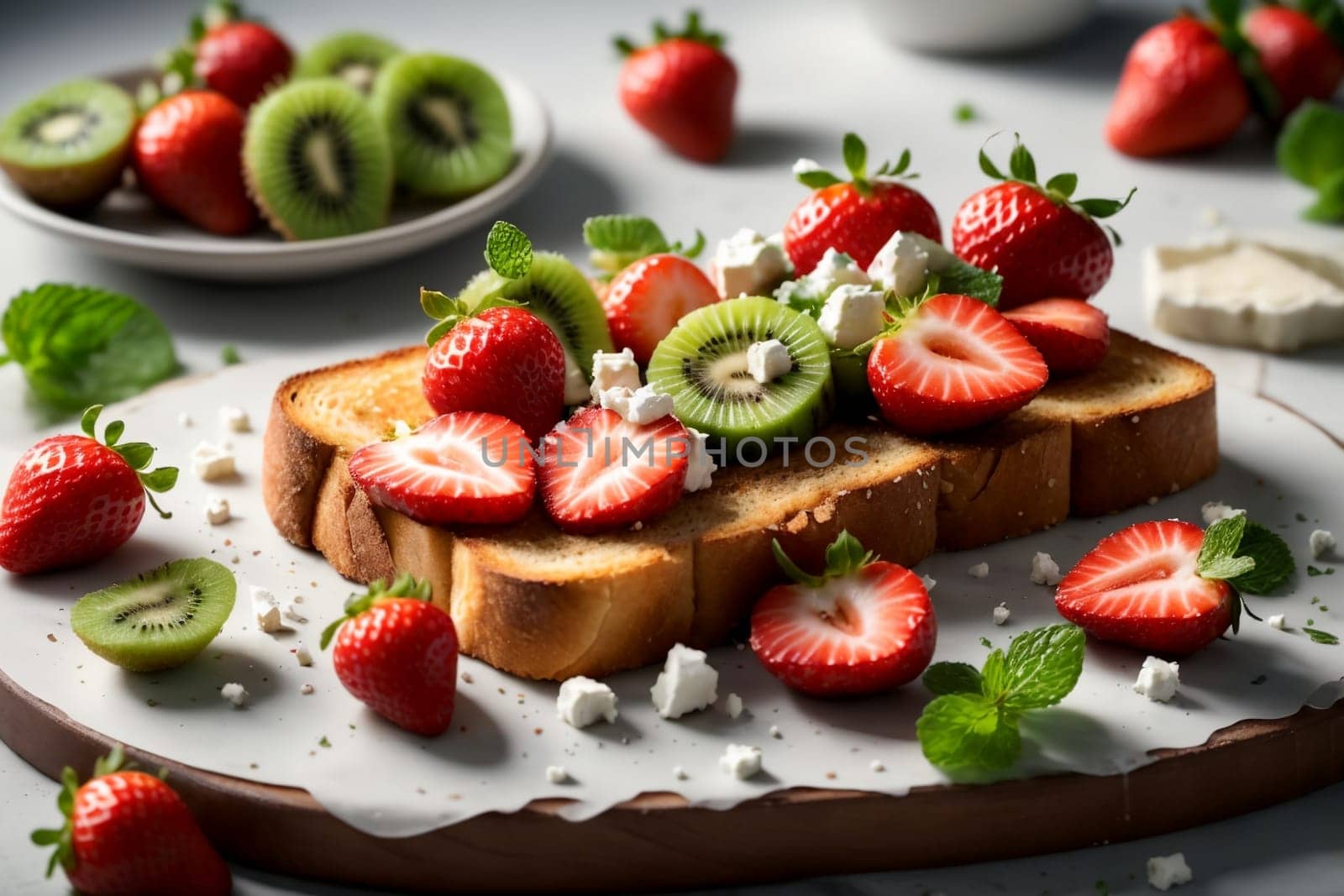 sandwich with fresh strawberries, kiwi, cottage cheese in a plate .