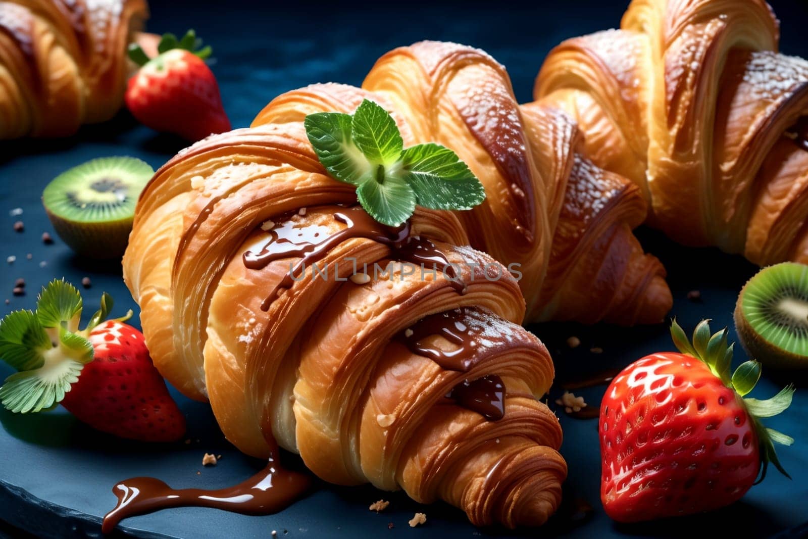 sweet pastries, croissants with strawberries and other fruits by Rawlik
