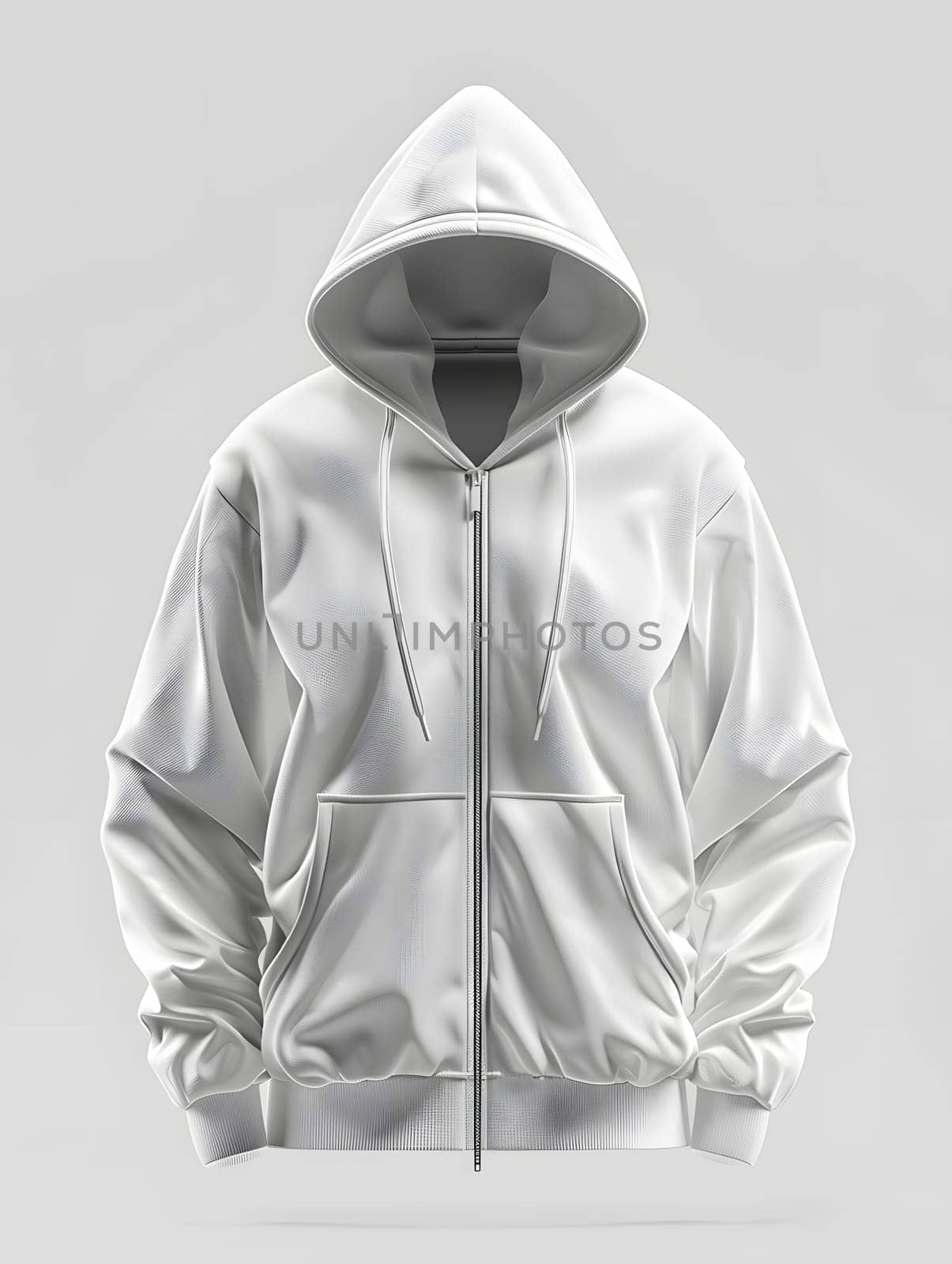 A white hoodie with a zipper, featuring a hood and long sleeves, on a crisp white background. Perfect outerwear for a casual yet stylish look