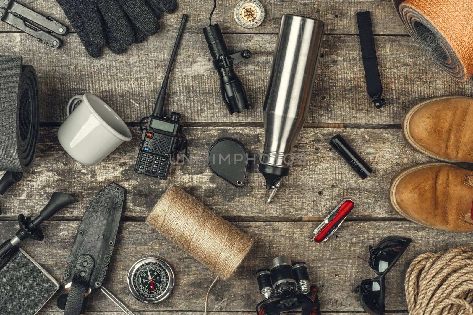 travel hiking equipment tools, view from above