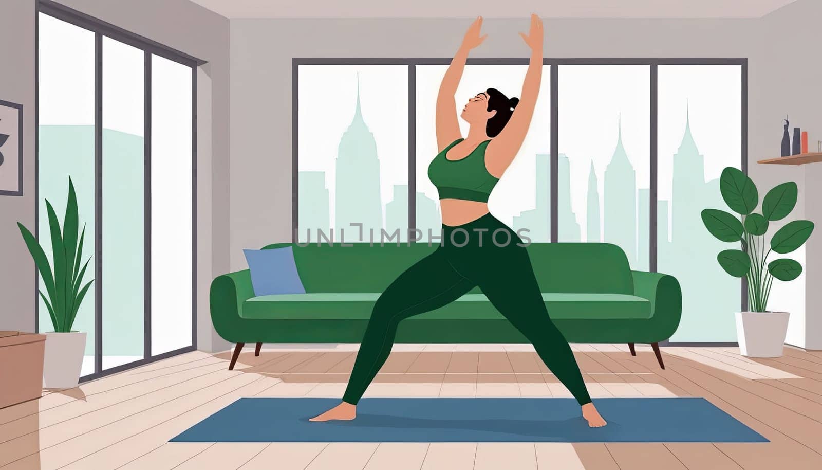 Woman, yoga practice near sofa, leggings and top attire. Bright room, large window, floor-standing flower