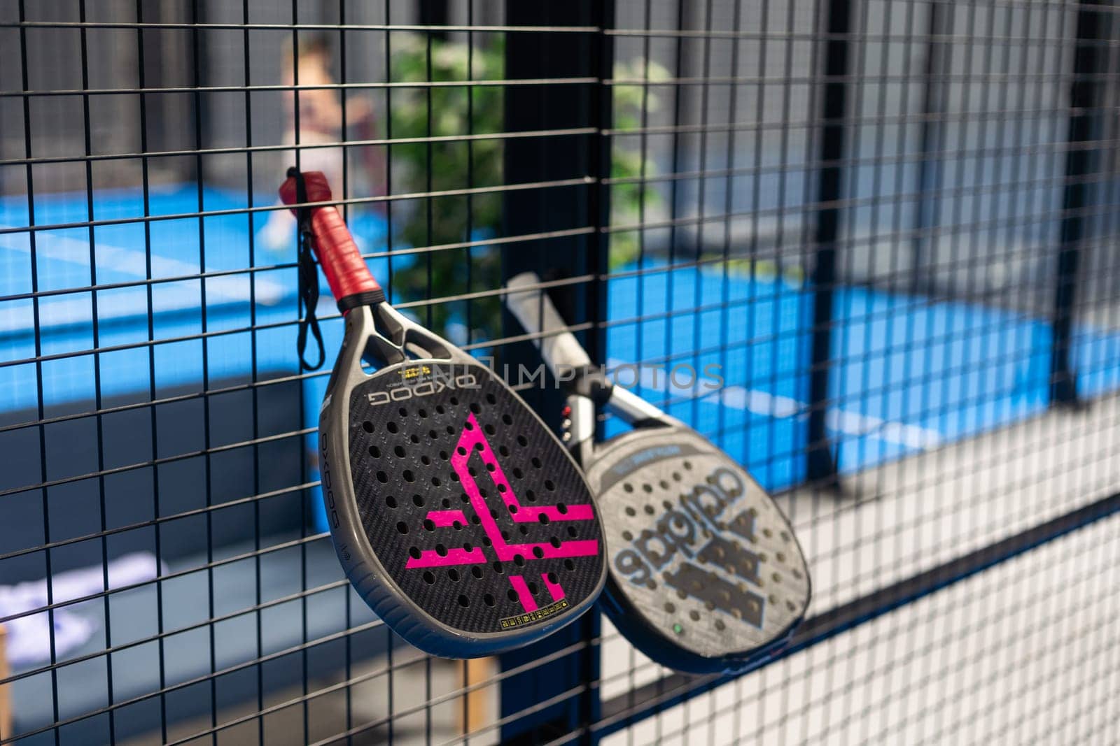 Kyiv, Ukraine. March 22, 2024, Paddle tennis rackets on the court. High quality photo