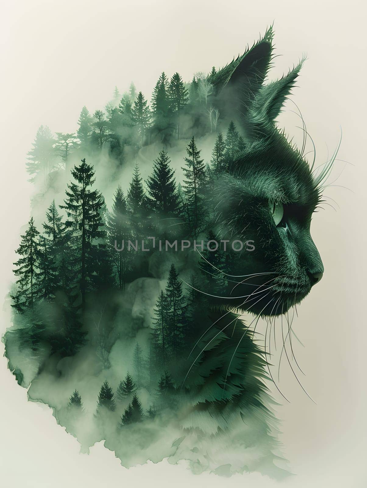 A stunning double exposure painting featuring a Felidae cat with whiskers, snout, and tail, set against a backdrop of trees. The carnivores fur contrasts beautifully with the natural elements