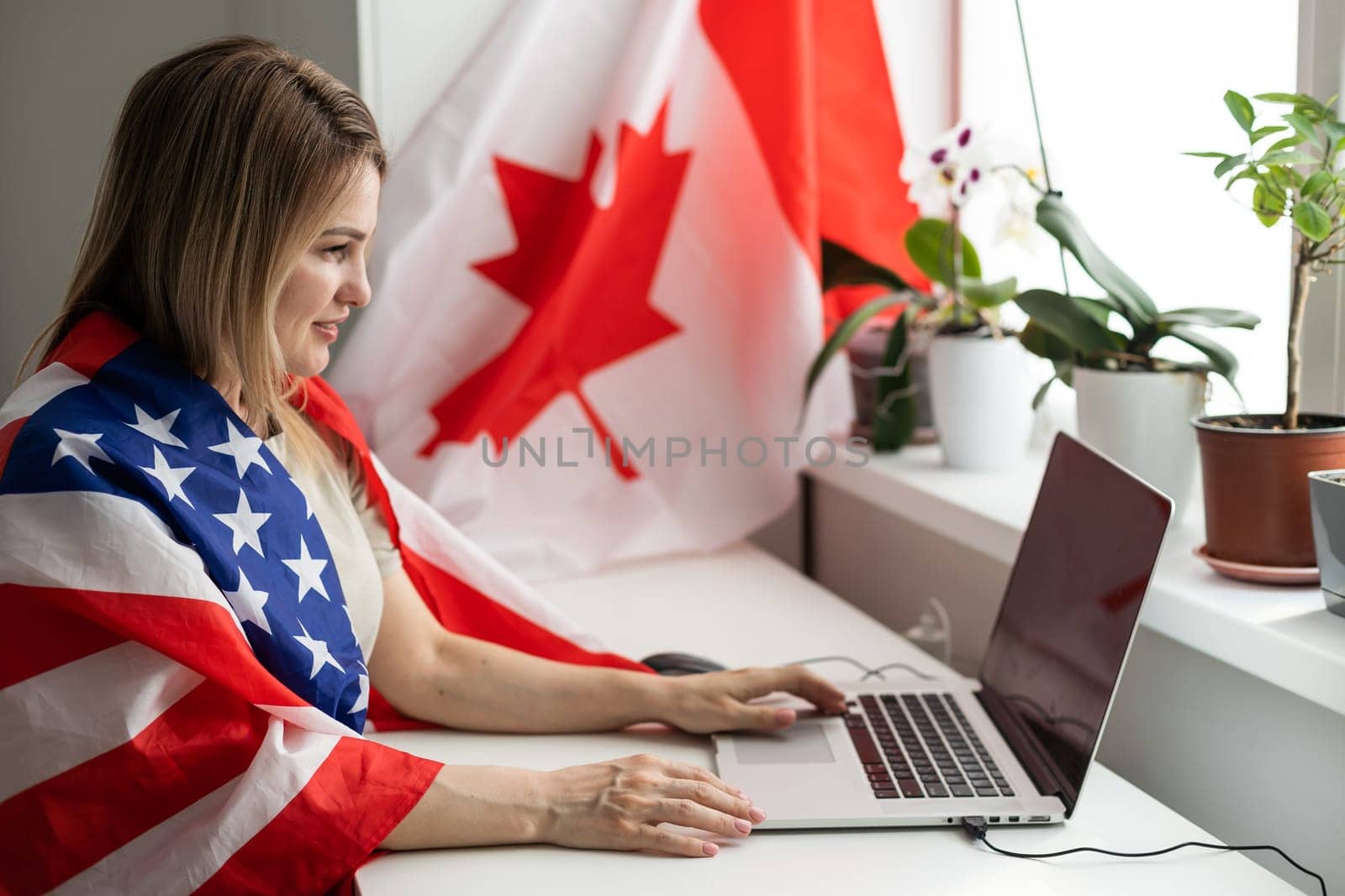woman with laptop and usa flag. Foreign languages learning, educational online course by Andelov13