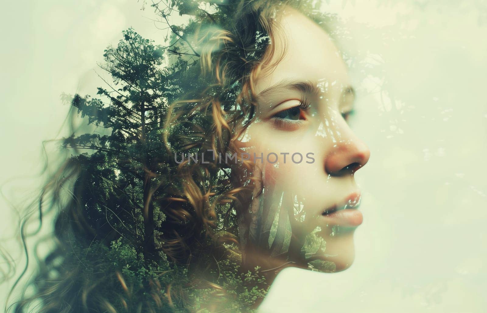 Double exposure portrait profile of calm thoughtful woman with forest, trees, nature concept