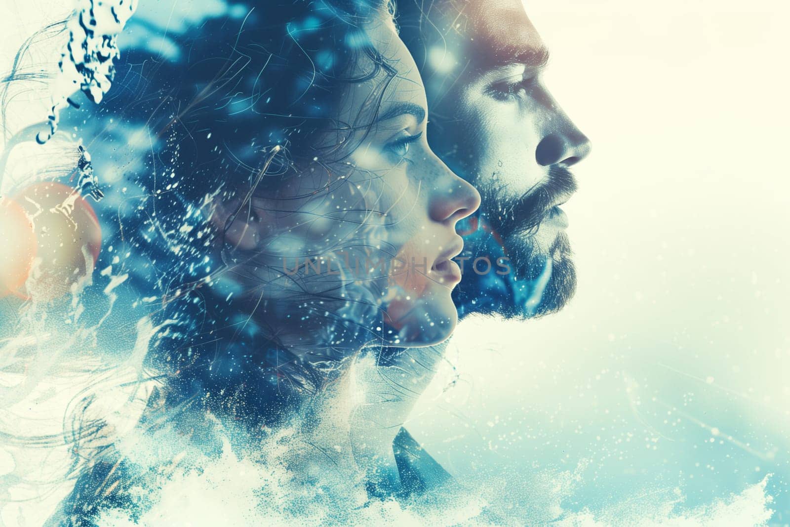 Double exposure portrait profile of calm thoughtful couple, woman and man, relationship concept. Sea coast with waves
