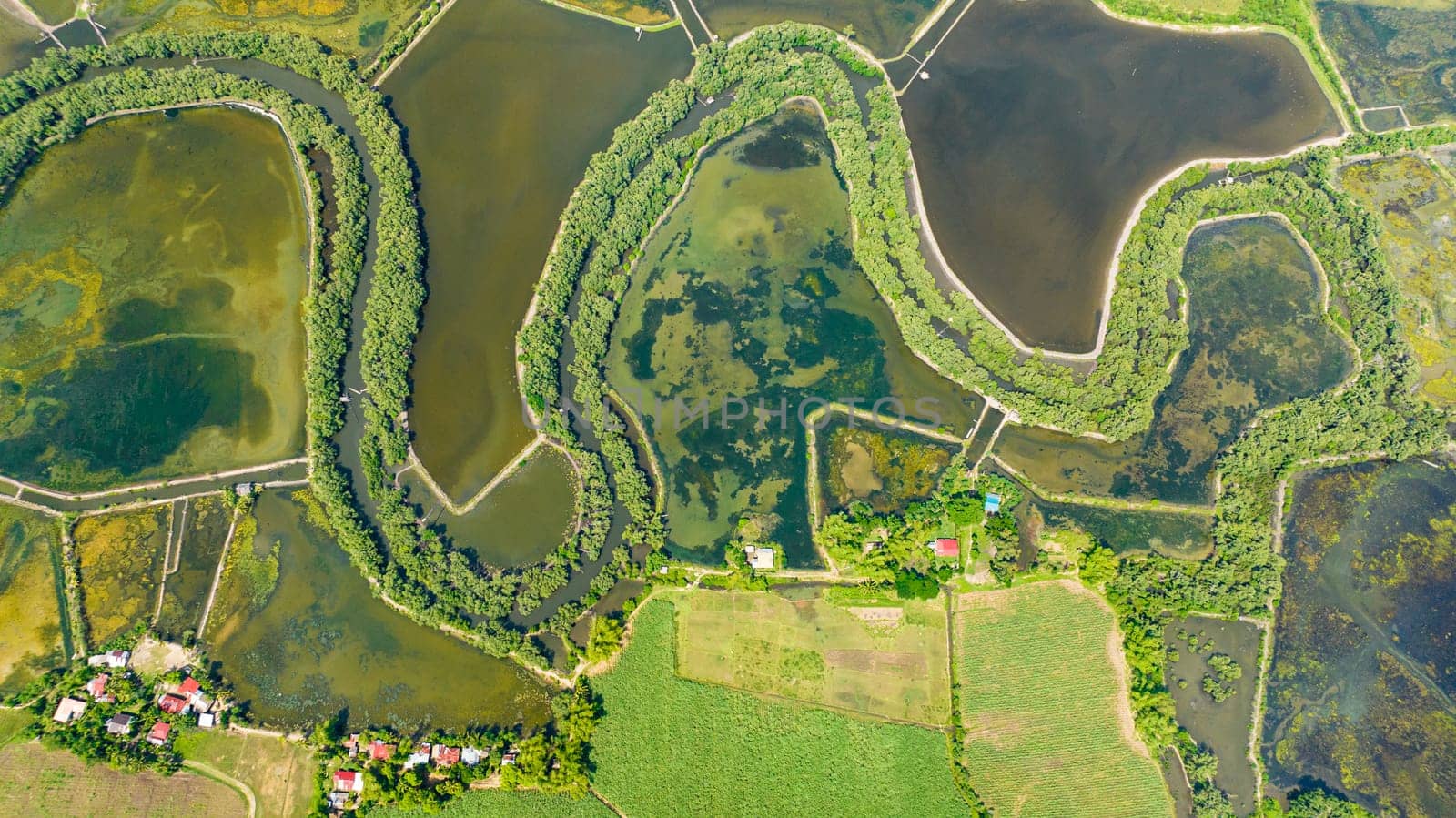 Aerial view of flooded rice fields and farmland in the countryside. Agricultural landscape. Hinigaran River. Negros, Philippines