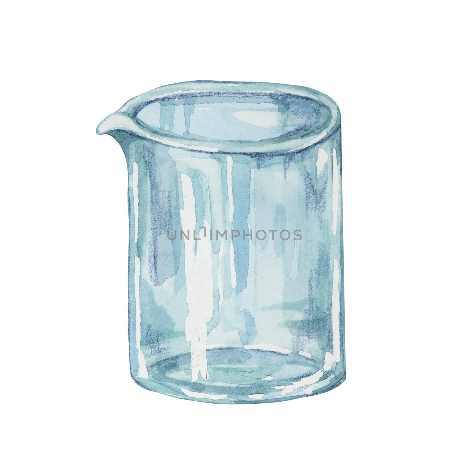 Empty glass beaker. Hand drawn watercolor illustration of chemistry, laboratory equipment. Cylinder glassware clipart for educational illustration in school lab, medical, pharmaceutical sciences