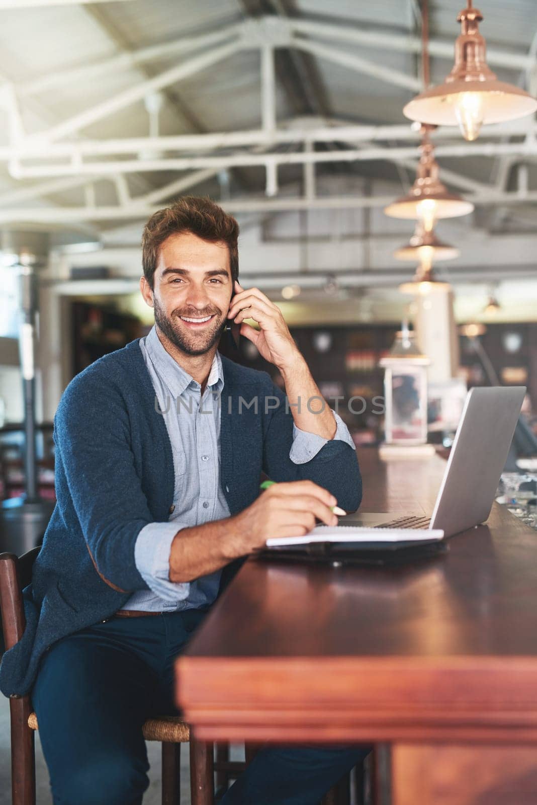 Smile, restaurant and portrait of man with phone call for planning, communication and update. Business owner, pub and notebook with technology for ecommerce, discussion and feedback from supplier.