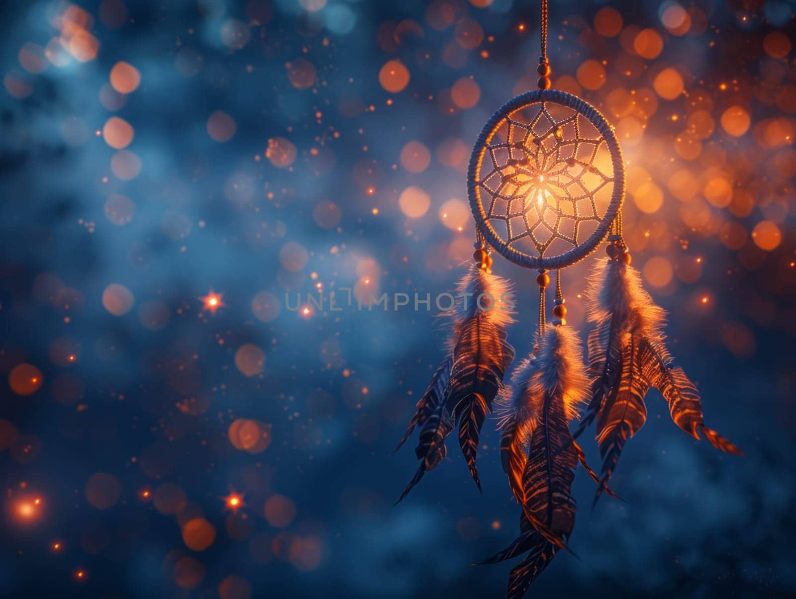 A dream catcher is suspended on a string, with soft lights glowing in the background, creating a magical and mystical ambiance.